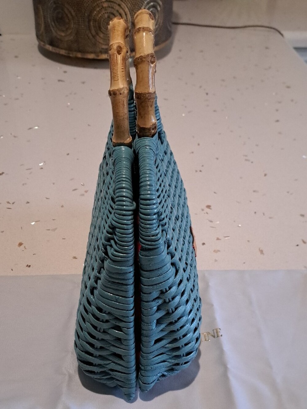 Frances Valentine Teal Buzzy Basket Woven Tote with Bamboo Top Handle - Picture 6 of 16